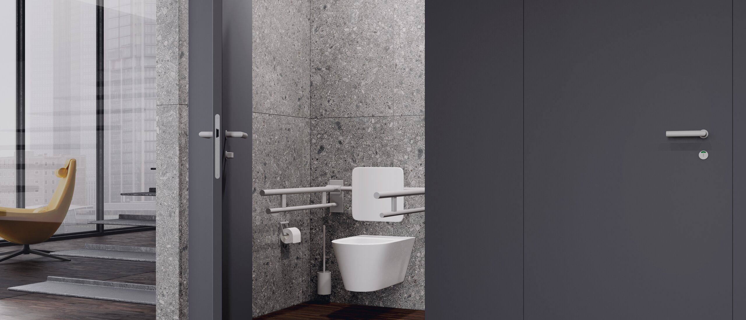 Public WC cubicle with back support and folding support handles in the colour signal white